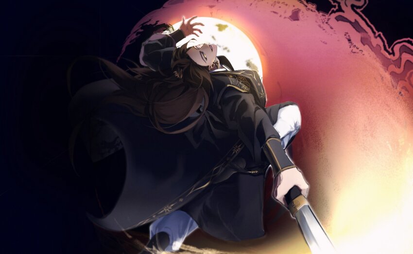1boy 295_(92a8d1) bent_over_backwards black_boots black_hanfu boots brown_hair chinese_clothes cowboy_shot earrings glowing glowing_eyes gold_earrings half_updo hanfu high_ponytail highres holding holding_sword holding_weapon jewelry jinhongi korean_commentary leg_up long_hair long_sleeves male_focus open_hand pants ponytail smile solo sword weapon white_pants xiao_guan_(headdress) yellow_eyes zaha zhijupao