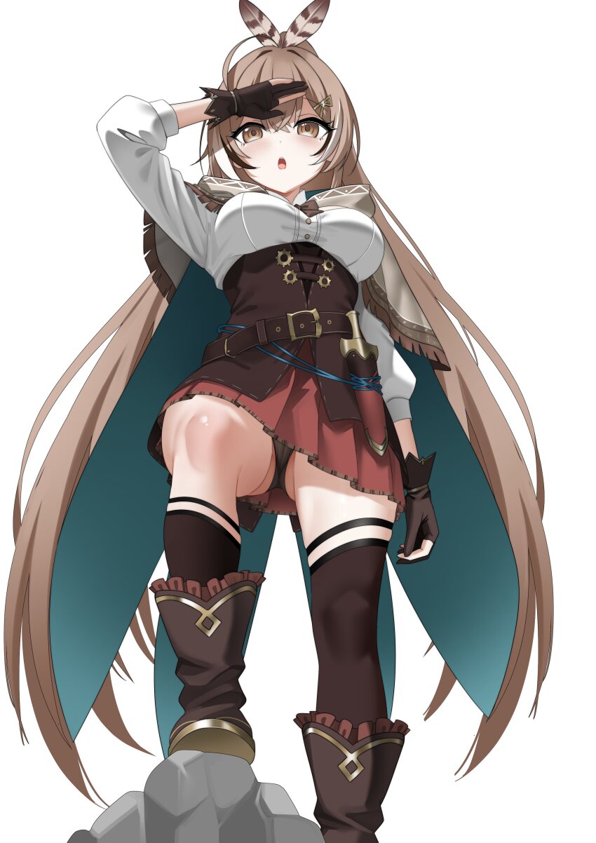 1girl absurdres ahoge archery_shooting_glove asymmetrical_legwear belt belt_pouch black_panties boots bow bowtie breasts brown_boots brown_bow brown_bowtie brown_capelet brown_corset brown_eyes brown_gloves brown_hair cameltoe cape capelet commentary commission corset crossed_bangs dagger double-parted_bangs english_commentary feather_hair_ornament feathers gloves green_cape hair_between_eyes hair_ornament hairclip hand_up high_collar high_ponytail highres hololive hololive_english hood hooded_capelet kneehighs knife long_hair looking_ahead medium_breasts miniskirt multicolored_hair nanashi_mumei nanashi_mumei_(1st_costume) open_mouth panties pantyshot partially_fingerless_gloves pleated_skirt ponytail pouch raikkonen red_skirt second-party_source sheath sheathed shirt simple_background single_kneehigh single_sock single_thighhigh skirt socks solo split_ponytail streaked_hair teeth thighhighs three-quarter_sleeves underbust underwear uneven_legwear upper_teeth_only upskirt very_long_hair virtual_youtuber weapon white_background white_shirt