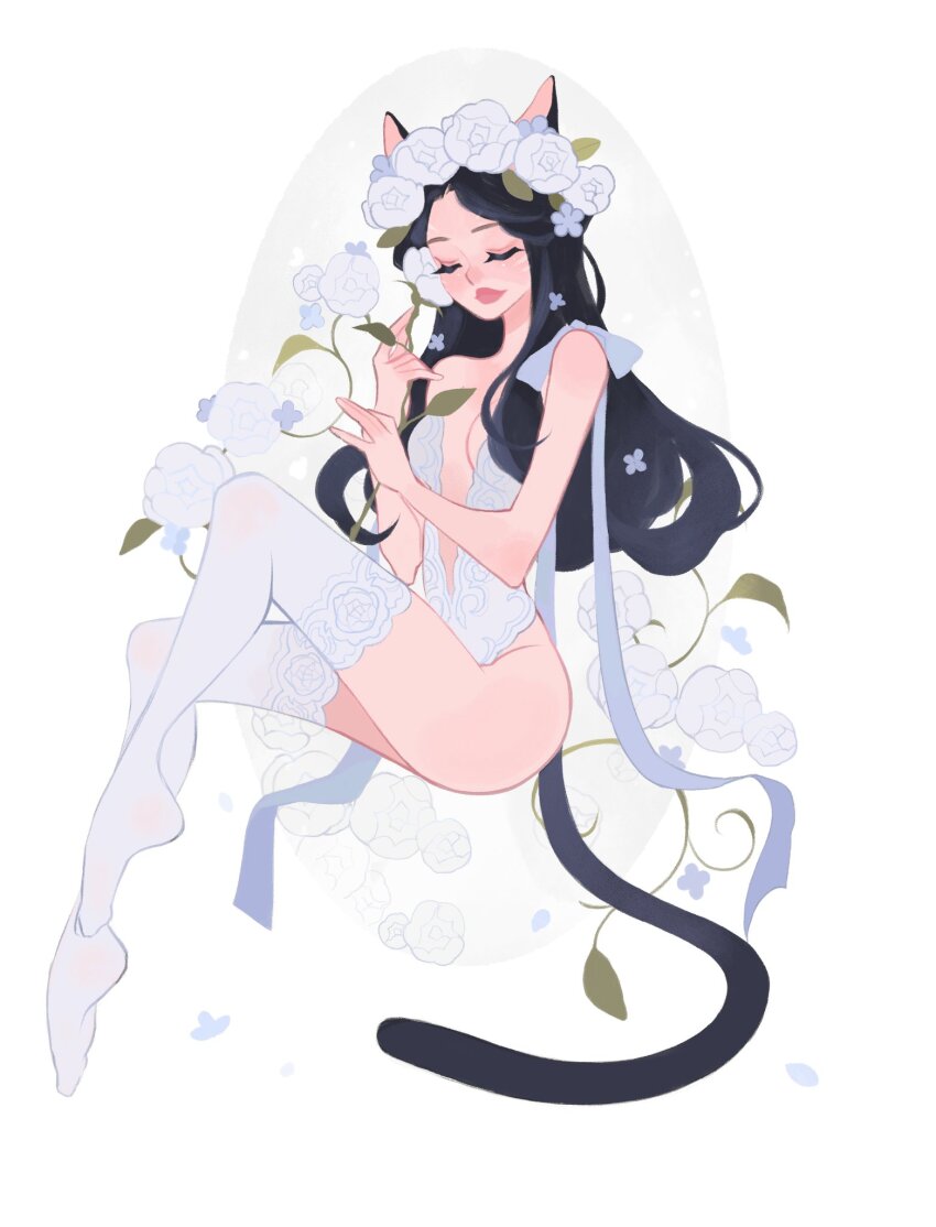 1girl animal_ears black_hair breasts cat_ears cat_girl cat_tail center_opening cleavage closed_eyes commentary english_commentary flower full_body hair_flower hair_ornament highres lace lace-trimmed_leotard lace-trimmed_thighhighs lace_trim leotard lingerie long_hair original piningappless ribbon solo tail thighhighs underwear white_background white_flower white_leotard white_thighhighs