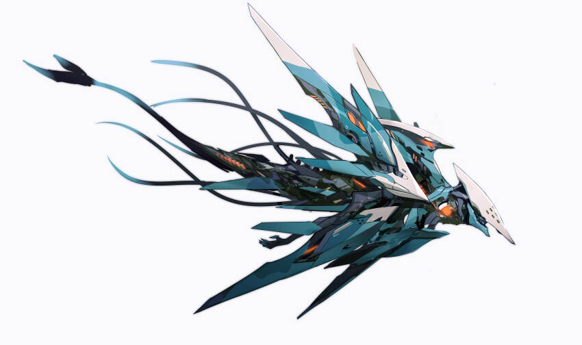 absurdres cable flying from_side grey_background highres jhcrow3 looking_ahead mecha no_humans orange_eyes original robot science_fiction simple_background solo white_background