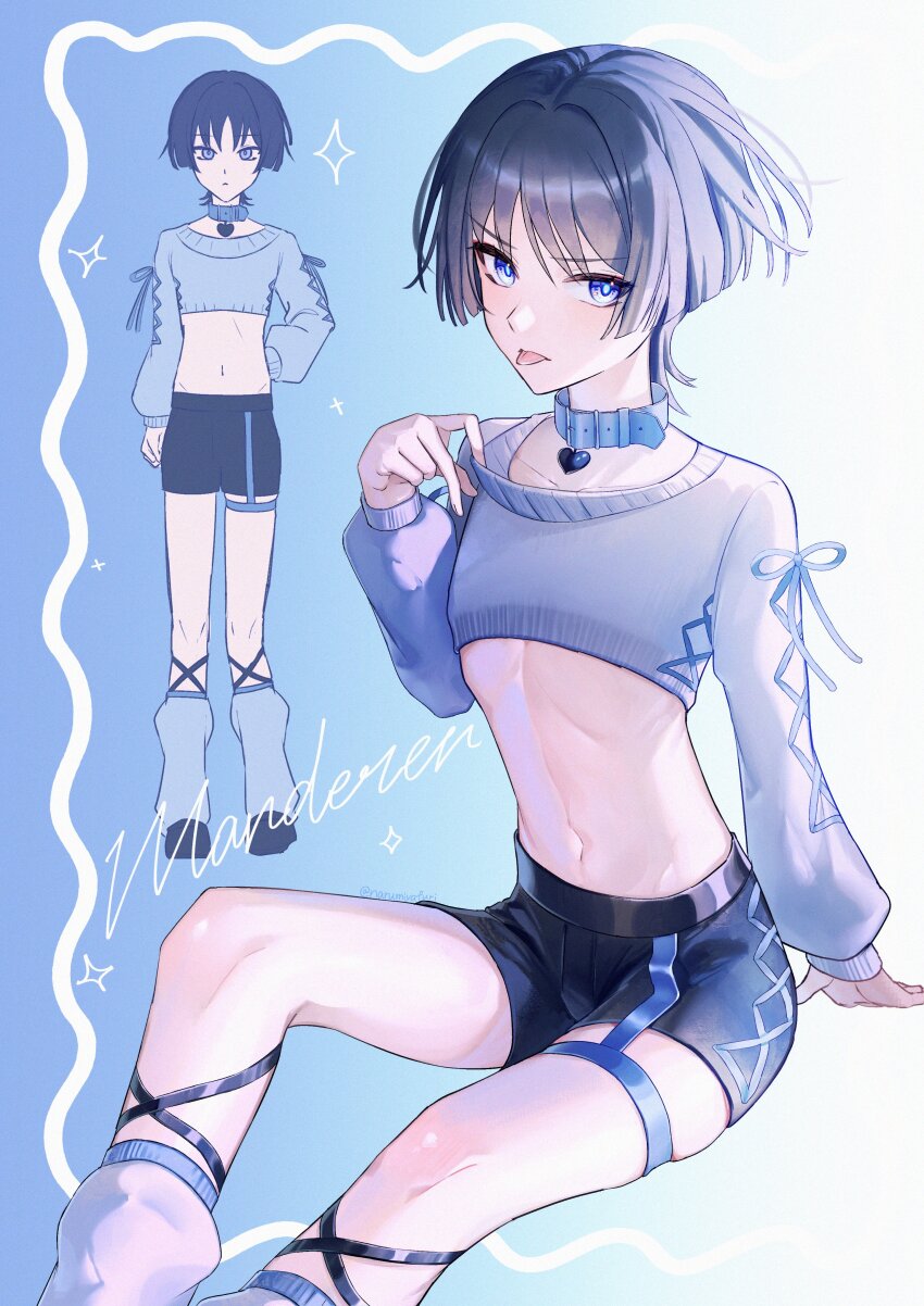 1boy absurdres alternate_costume arm_at_side arm_behind_back black_hair black_shoes black_shorts blue_leg_warmers blue_sleeves blue_sweater blunt_ends casual character_name clenched_hand closed_mouth contemporary cropped_sweater fuli_(narumiyafuri) genshin_impact groin highres leg_warmers looking_at_viewer male_focus midriff multiple_views navel purple_eyes ribbed_collar ribbon-trimmed_sleeves ribbon_trim scaramouche_(genshin_impact) shoes shorts sitting solo standing sweater thigh_strap trap tsurime twitter_username wanderer_(genshin_impact)