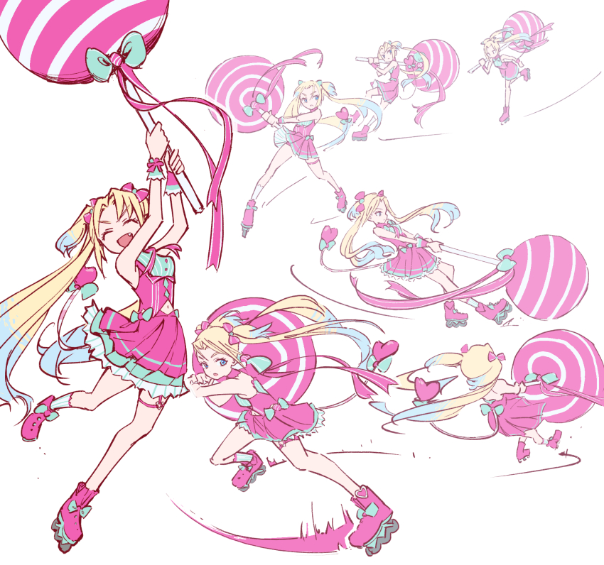 1girl :d ^_^ bare_shoulders blonde_hair blue_eyes blue_hair blue_socks boots bow candy closed_eyes fake_tail fang food hair_bow heart highres holding holding_candy holding_food holding_lollipop lao_ren_xing link!_like!_love_live! lollipop love_live! miniskirt official_alternate_costume open_mouth osawa_rurino pink_boots pink_bow pink_shirt pink_skirt pinstripe_socks pleated_skirt roller_skates shirt short_sleeves single_sock skates skirt skirt_set smile socks swinging_weapon tail v-shaped_eyebrows virtual_youtuber wawo!_(love_live!)