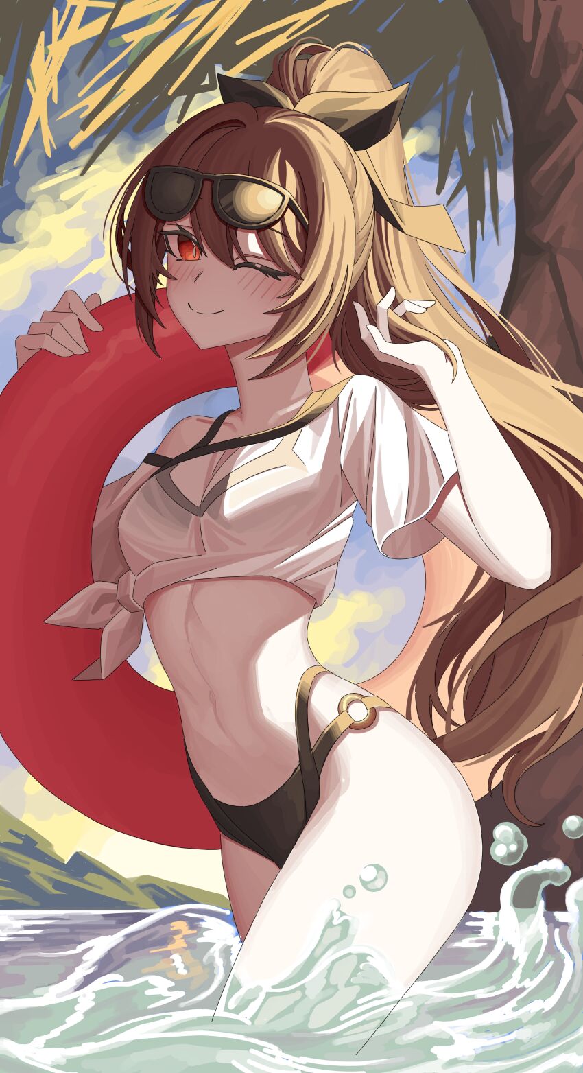 1girl absurdres bikini black_bikini breasts brown_hair closed_mouth commentary_request commission eyewear_on_head hair_ribbon hands_up highres innertube korean_commentary long_hair looking_at_viewer medium_breasts navel one_eye_closed original ponytail red_eyes ribbon rudang second-party_source see-through_clothes shirt short_sleeves side-tie_shirt smile solo stomach sunglasses swim_ring swimsuit thighs very_long_hair wading water white_shirt