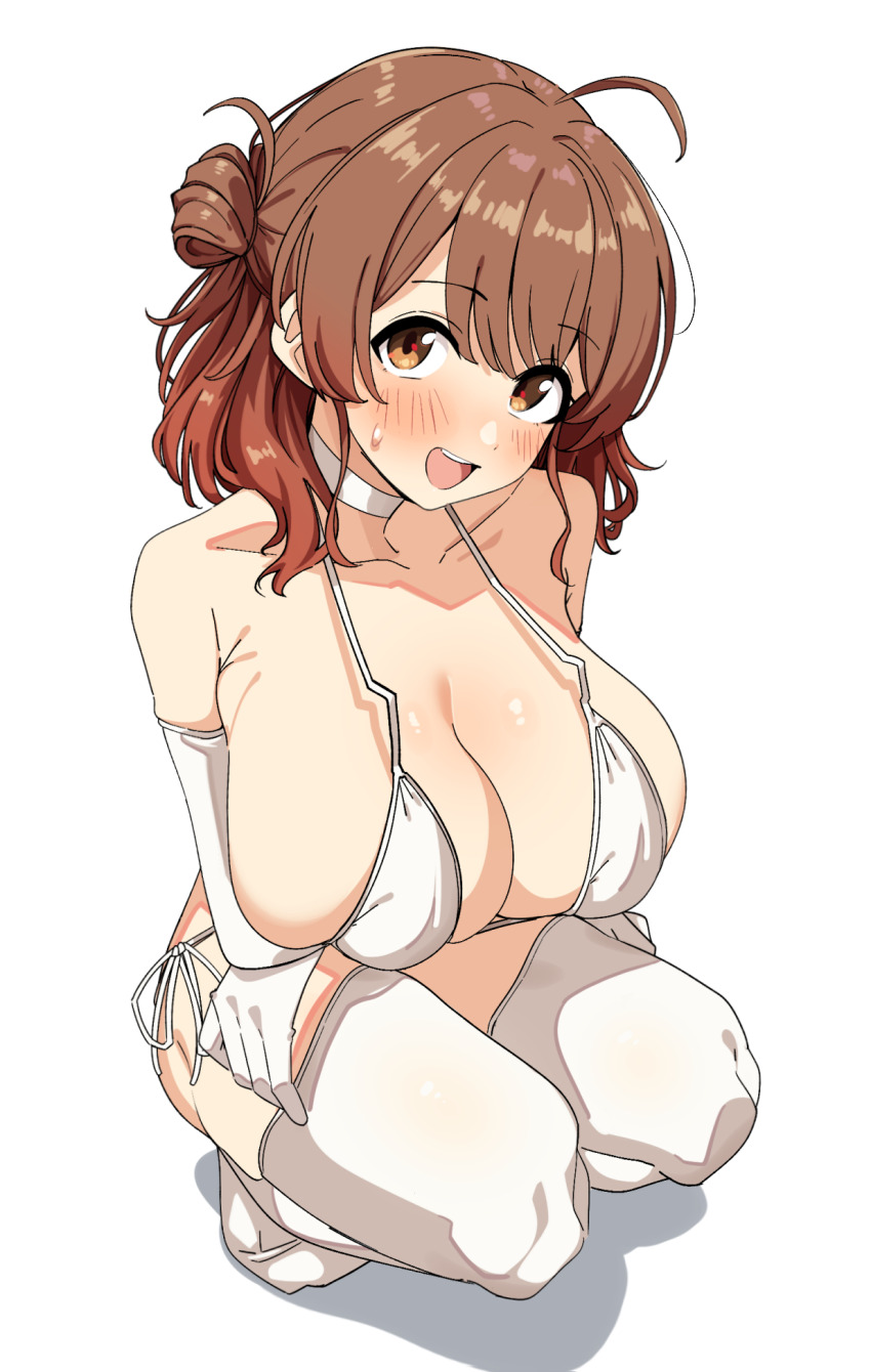 1girl :d ahoge alternate_breast_size bikini blush breasts brown_eyes brown_hair choker collarbone commentary_request elbow_gloves gakuen_idolmaster gloves hanami_ume highres huge_breasts idolmaster long_hair looking_at_viewer medium_hair open_mouth seihekiog simple_background smile solo squatting swimsuit thighhighs white_background white_bikini white_choker white_gloves white_thighhighs