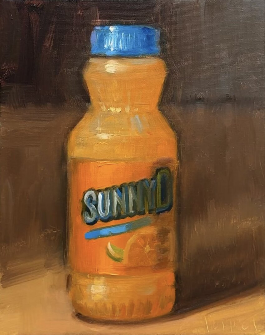 artist_name bottle commentary drink english_commentary food_focus highres juice no_humans noah_verrier oil_painting_(medium) orange_juice original painting_(medium) still_life sunny_delight traditional_media