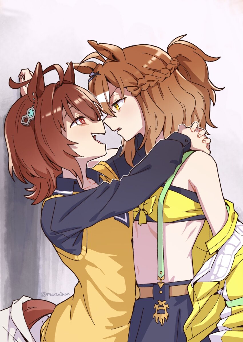 2girls :d agnes_tachyon_(tach-nology)_(umamusume) agnes_tachyon_(umamusume) ahoge animal_ears arms_around_neck bandeau black_bandeau black_necktie black_shirt black_skirt braid brown_hair collared_shirt commentary cowboy_shot dated_commentary earrings eye_contact face-to-face from_side hair_between_eyes half_up_half_down_braid highres horse_ears horse_girl horse_tail huge_ahoge jacket jewelry jungle_pocket_(champion&#039;s_battle_cry)_(umamusume) jungle_pocket_(umamusume) looking_at_another mazu1kan medium_hair multiple_girls necktie notched_ear open_mouth ponytail red_eyes ribs shirt single_bare_shoulder single_earring skirt smile stomach suspenders sweater tail teeth twitter_username umamusume upper_teeth_only v-shaped_eyebrows white_jacket yellow_eyes yellow_jacket yellow_sweater yuri
