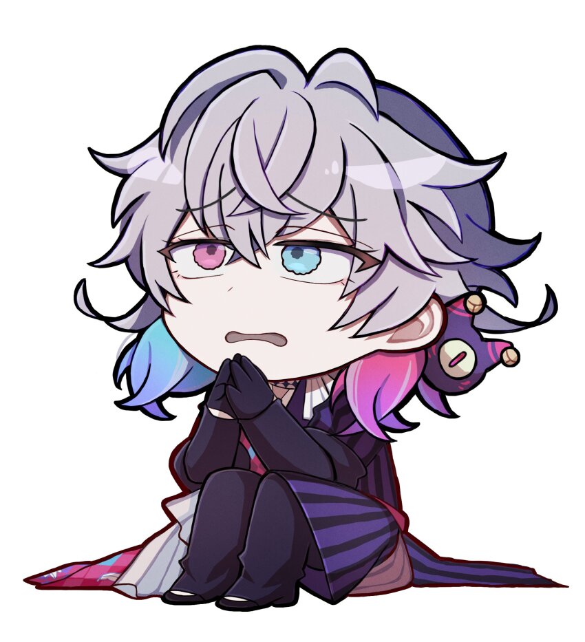 1boy argyle_clothes argyle_coat bishounen black_gloves blue_eyes blue_hair chibi chibi_only coat commentary creature creature_on_shoulder eyelashes gavis_bettel gavis_bettel_(1st_costume) gloves grey_hair hair_between_eyes heterochromia highres holostars holostars_english knees_up male_focus medium_hair multicolored_coat multicolored_hair on_shoulder open_mouth own_hands_together phantom_(gavis_bettel) pink_eyes pink_hair russell_(rrrrrrz9) scarf sitting solo striped_coat vertical-striped_coat virtual_youtuber white_background white_scarf