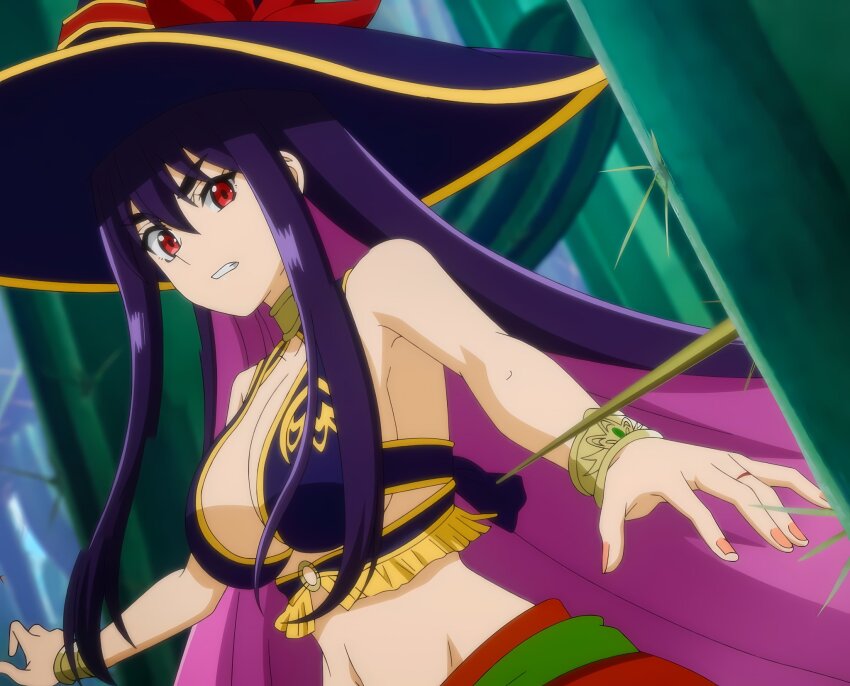 1girl alternate_costume arabian_clothes breasts cactus cleavage clenched_teeth hat highres idola_avorn large_breasts long_hair looking_at_viewer midriff navel purple_hair sentai_red_ga_isekai_de_boukensha_ni_naru sideboob solo stitched tank_top teeth third-party_edit very_long_hair witch witch_hat