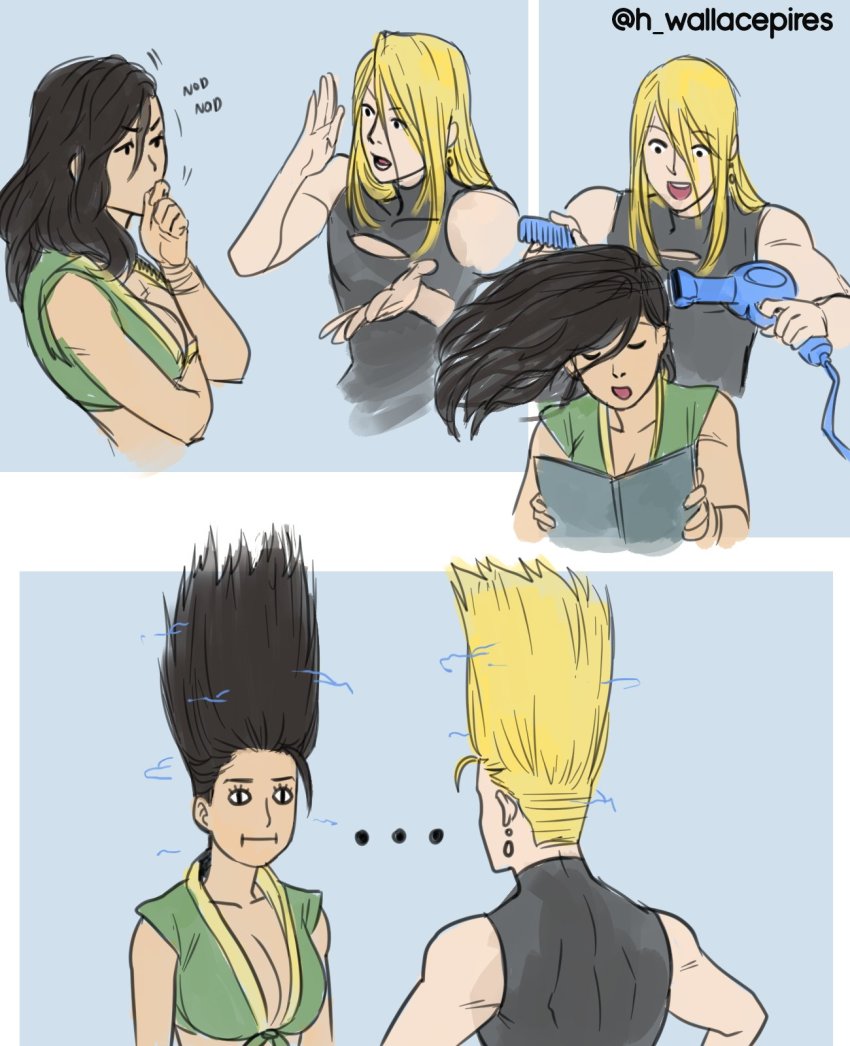 ... 1boy 1girl :| asymmetrical_hair black_hair brazil breasts capcom cleavage closed_mouth comb comic commentary crossover dark_skin empty_eyes english_commentary front-tie_top hair_down hair_dryer hairdressing highres large_breasts laura_matsuda long_hair nikaidou_benimaru power_connection silent_comic snk static_electricity street_fighter street_fighter_v the_king_of_fighters updo wallace_pires