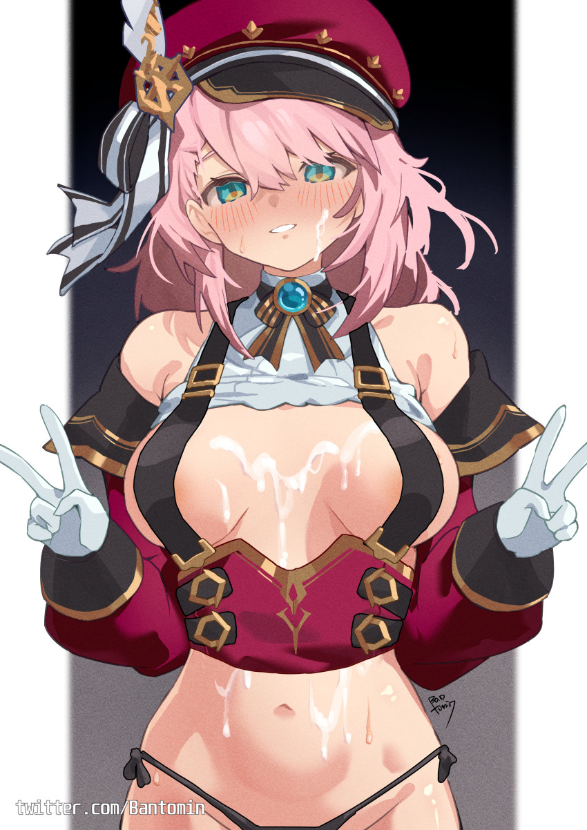 1girl absurdres artist_name bantomin bare_shoulders black_background black_panties blush border breasts breasts_apart brooch cabbie_hat charlotte_(genshin_impact) clothes_lift commentary cum cum_on_body detached_sleeves double_v facial genshin_impact gloves gradient_background green_eyes grey_background grin hat hat_feather hat_ribbon highres jewelry large_breasts large_variant_set looking_at_viewer medium_hair naked_suspenders navel outside_border panties pillarboxed pink_hair red_hat red_sleeves ribbon shirt shirt_lift side-tie_panties sleeveless sleeveless_shirt smile solo stomach straight-on suspenders sweat twitter_username underwear upper_body v variant_set watermark web_address white_border white_gloves white_shirt