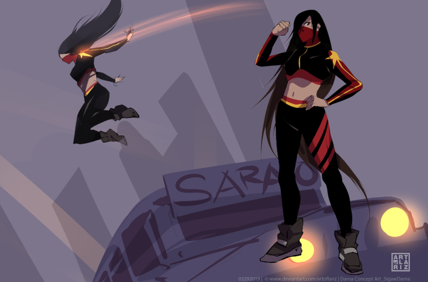 1girl alternate_costume artist_logo black_hair boots breasts brown_eyes commentary darna darna_(character) deviantart_username english_commentary english_text jeepney jumping lariz_santos logo long_hair long_sleeves mask medium_breasts midriff military_jeep motor_vehicle mouth_mask multiple_views navel ninja_mask pants parkour philippines sidelocks very_long_hair