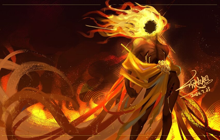 1boy clenched_hand dated elden_ring elden_ring:_shadow_of_the_erdtree emaciated embers fire flaming_head headless highres holding holding_polearm holding_weapon male_focus midra_lord_of_frenzied_flame polearm robe signature solaris_nirvana solo standing torn_clothes torn_robe weapon
