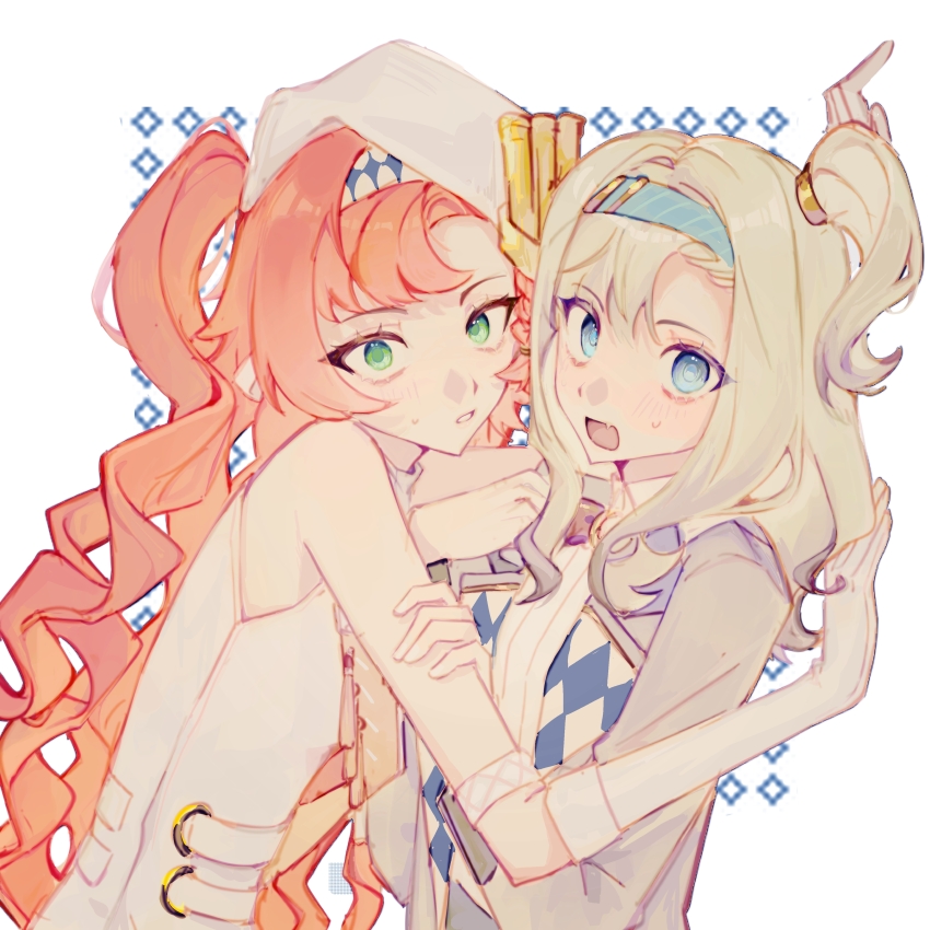 2girls absurdres blazer blue_eyes blue_hairband bow bowtie checkered_hairband dress fangs from_side gloves green_eyes grey_hair grey_jacket hairband hand_on_another&#039;s_arm hands_up hat highres jacket kabedon long_hair looking_at_viewer matilda_bouanich medium_hair multiple_girls one_side_up orange_hair parted_lips red_bow red_bowtie reverse:1999 sangyu-feiwan shirt skin_fangs sleeveless sleeveless_dress sonetto_(parade_anthem)_(reverse:1999) sonetto_(reverse:1999) sweat very_long_hair white_background white_dress white_gloves white_hat white_shirt yuri