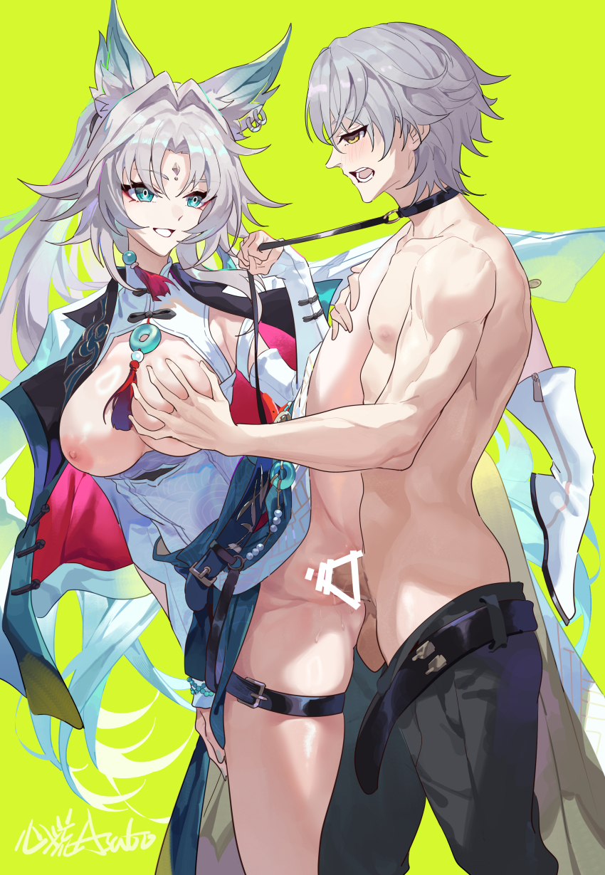 1boy 1girl absurdres animal_ear_fluff animal_ear_piercing animal_ears assertive_female belt black_belt black_panties blue_skirt boots breasts breasts_out caelus_(honkai:_star_rail) chinese_clothes collar commentary_request cowboy_shot eyeliner feixiao_(honkai:_star_rail) feixiao_(kfc)_(honkai:_star_rail) forehead_jewel fox_ears fox_girl grabbing_another&#039;s_breast green_eyes grey_hair grin groping hair_intakes hetero high_ponytail highres holding holding_another&#039;s_leg holding_leash honkai:_star_rail honkai_(series) jacket jacket_on_shoulders large_breasts leash leash_pull leg_lift leg_on_another&#039;s_shoulder leg_up long_hair looking_at_another looking_back makeup nipples no_panties official_alternate_costume open_mouth open_pants panties pants parted_bangs ponytail red_eyeliner sex shirt short_hair simple_background skirt smile standing standing_sex thigh_belt thigh_strap toned toned_male topless_male trailblazer_(honkai:_star_rail) underwear vaginal very_long_hair white_boots white_jacket white_shirt xinliu_asato yellow_eyes