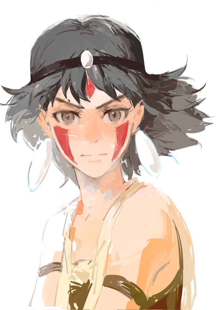 1girl armband black_hair black_undershirt brown_eyes closed_mouth dongfang_shuo earrings facepaint facial_mark forehead_mark forehead_protector highres jewelry looking_at_viewer medium_hair mononoke_hime red_facepaint san_(mononoke_hime) shirt simple_background sleeveless sleeveless_shirt solo upper_body white_background white_shirt