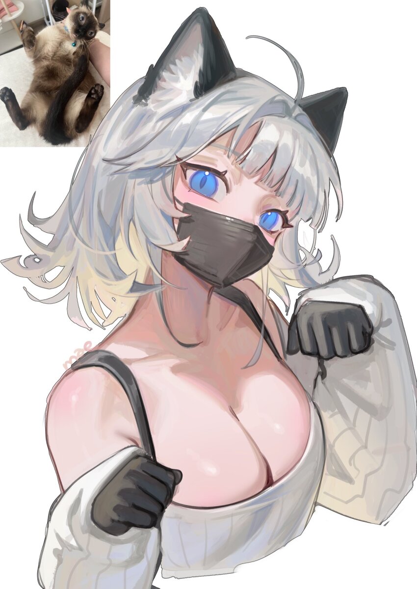 1girl ahoge animal_ear_fluff animal_ears black_gloves blue_eyes blunt_bangs blush breasts cat_ears cleavage collarbone commentary english_commentary gloves hair_intakes highres mae_algae mask mouth_mask original sleeves_past_wrists solo sweater upper_body white_background white_hair