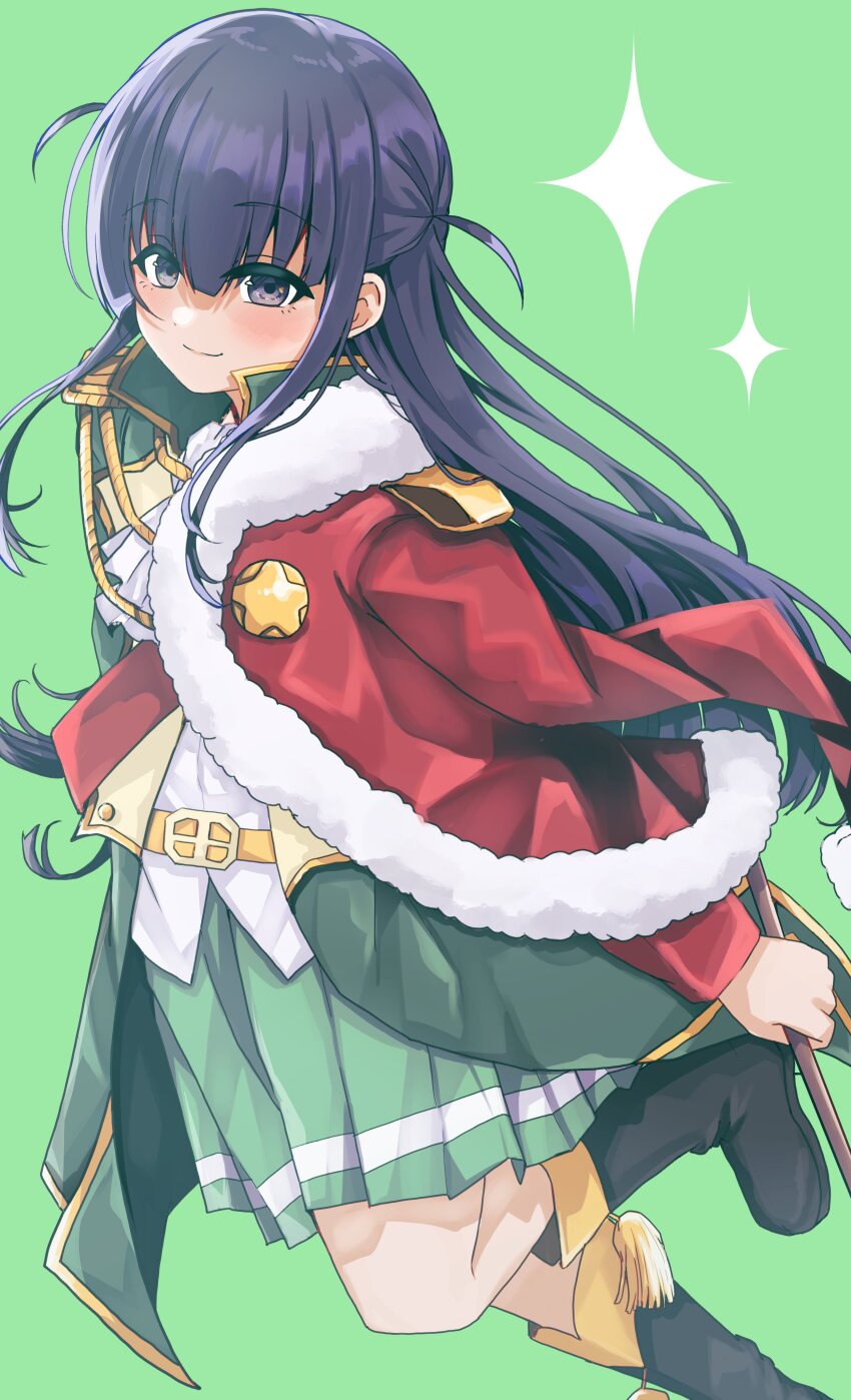 1girl absurdres arm_at_side ascot belt belt_buckle black_boots black_hair blunt_bangs blush boots buckle closed_mouth commentary_request epaulettes foot_out_of_frame fur-trimmed_jacket fur_trim green_background green_jacket green_skirt high_collar highres holding holding_weapon jacket jacket_on_shoulders leg_up long_hair long_sleeves looking_at_viewer looking_to_the_side miniskirt pleated_skirt purple_eyes red_jacket red_sash sash shoujo_kageki_revue_starlight shoulder_sash sidelocks simple_background single_strap siromochino skirt solo sparkle standing standing_on_one_leg striped_clothes striped_skirt tassel tsuyuzaki_mahiru two_side_up very_long_hair weapon white_ascot yellow_belt