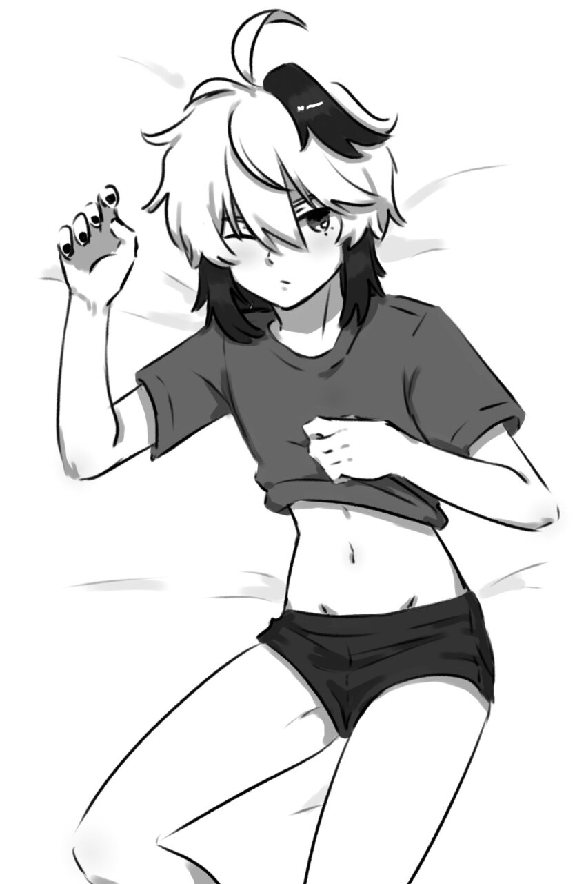 1girl ahoge androgynous bed_sheet black_hair black_nails clothes_lift flower_(gynoid_talk) flower_(vocaloid) greyscale gynoid_talk highres light_blush midriff midriff_peek monochrome multicolored_hair navel on_bed one_eye_closed shirt_lift short_hair short_hair_with_long_locks short_shorts shorts tomboy two-tone_hair vflovver vocaloid white_hair