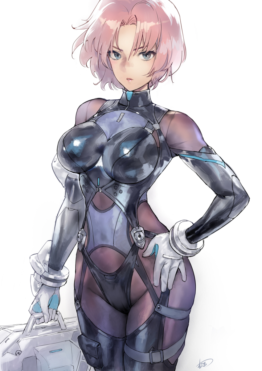 1girl black_bodysuit blue_eyes bodysuit breasts cowboy_shot gloves hand_on_own_hip highres looking_at_viewer matsuda_(matsukichi) medium_breasts original pink_hair short_hair skin_tight solo white_background white_gloves