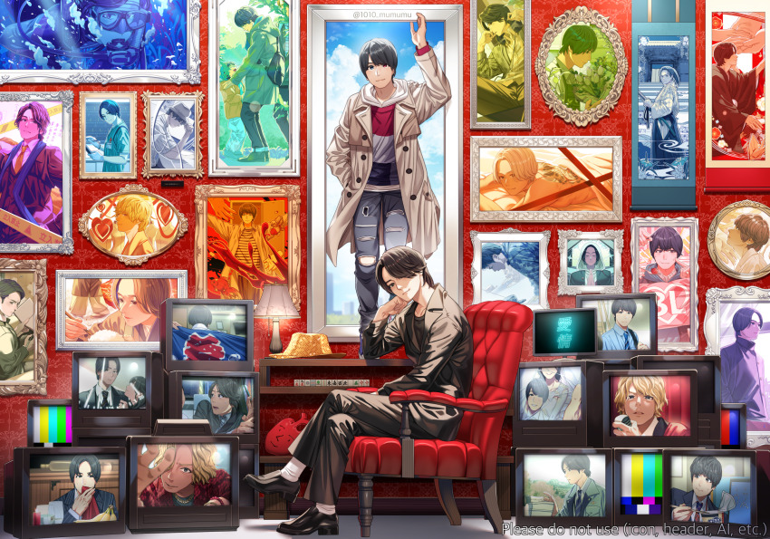1010_mumumu 1boy armchair black_hair black_jacket black_pants black_shoes black_suit chair copyright_request crossed_legs formal_clothes from_side hair_over_one_eye hat head_rest highres indoors inukai_atsuhiro jacket long_sleeves looking_at_viewer looking_to_the_side mahjong mahjong_tile male_focus multiple_views painting_(object) pants real_life shoes sitting socks suit television unworn_hat unworn_headwear white_socks