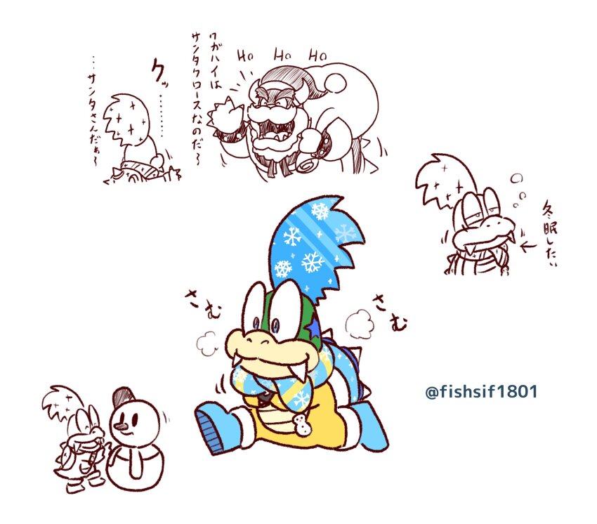 alternate_costume annoyed blue_hair bowser christmas comic facial_hair grin happy hat highres larry_koopa laughing mario_(series) mario_kart mario_kart_tour mustache nintendo open_mouth sack santa_hat scarf smile snowflakes snowman spikes