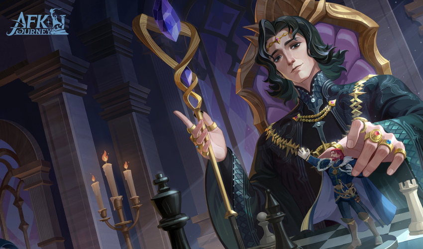 1boy afk_(series) afk_journey black_eyes black_hair black_robe blue_gemstone board_game candle candlestand chair chess chess_piece chessboard circlet closed_mouth commentary copyright_name cyran_(afk) english_commentary fire gem gold_necklace gold_ring hand_up highres holding holding_staff indoors jewelry king_(chess) logo long_sleeves looking_at_viewer mage_staff male_focus multiple_rings necklace official_art parted_bangs purple_gemstone red_gemstone ring robe short_hair sigmund_(afk) sitting smile solo staff stained_glass thumb_ring wide_sleeves window
