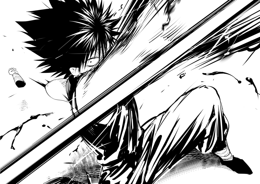 1boy bandaged_arm bandages blood clenched_hand colored_skin greyscale hatching_(texture) hiei highres ikuchan_kaoru looking_at_viewer male_focus monochrome multicolored_skin severed_limb slashing solo spiked_hair yuu_yuu_hakusho