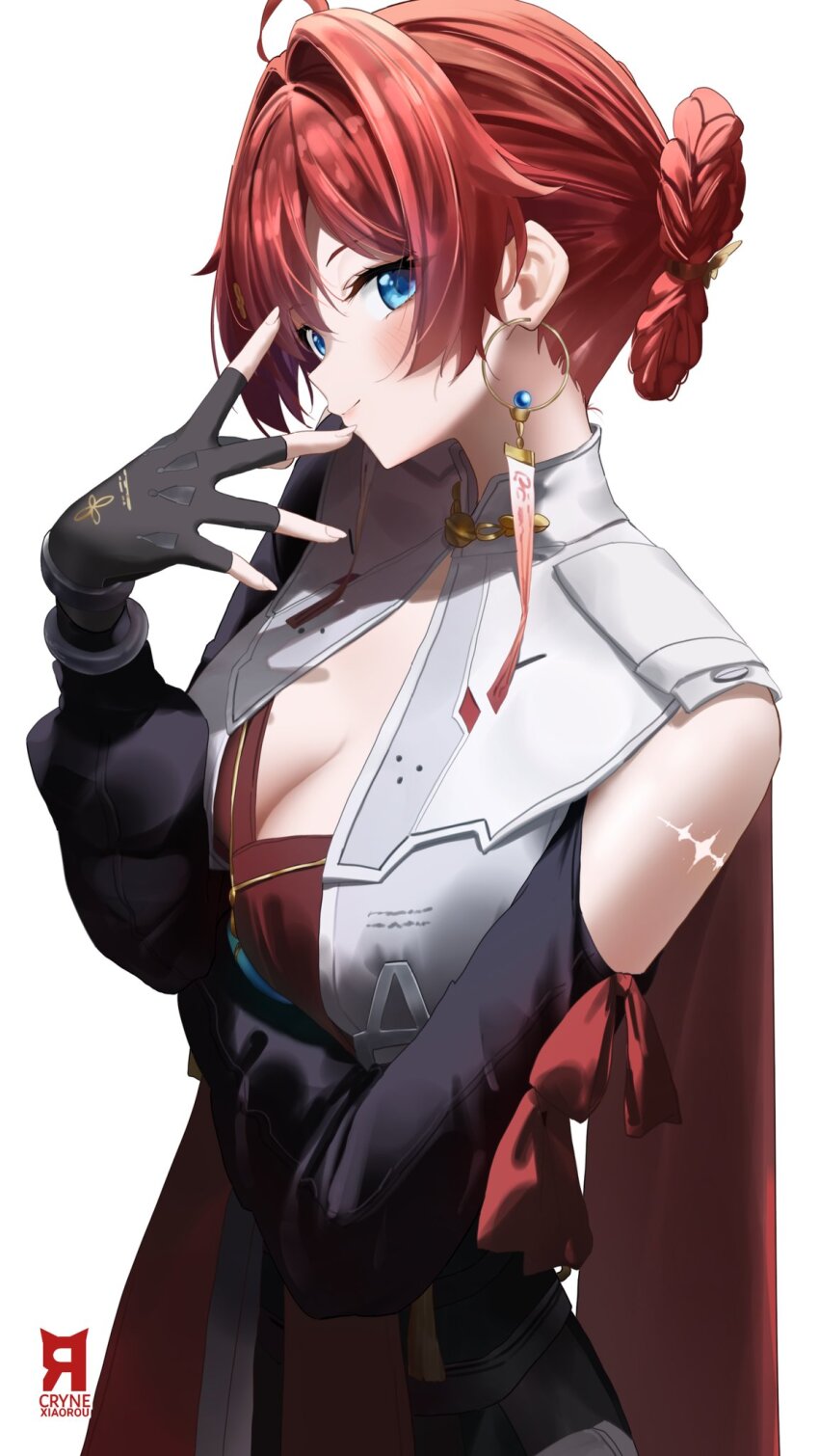 1girl artist_logo black_gloves blue_eyes breasts cleavage closed_mouth clothing_cutout commentary cowboy_shot cryne danjin_(wuthering_waves) earrings fingerless_gloves folded_braid gloves hair_intakes hand_up highres hoop_earrings jewelry light_blush logo looking_at_viewer red_hair short_hair shoulder_cutout simple_background small_breasts smile solo tabard tacet_mark_(wuthering_waves) white_background white_tabard wuthering_waves