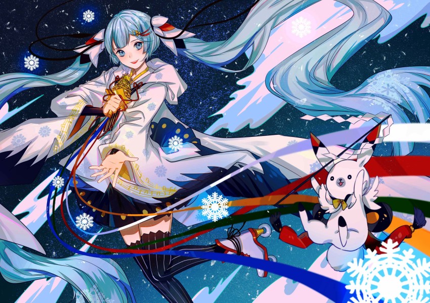 1girl :d absurdly_long_hair absurdres black_ribbon black_skirt blue_eyes blue_hair female_focus floating_hair hair_ribbon hatsune_miku high_heels highres holding jamjar77 leg_up long_hair looking_at_viewer miniskirt open_mouth pinstripe_legwear pinstripe_pattern pleated_skirt rabbit ribbon skirt smile snowflakes solo striped_clothes striped_thighhighs thighhighs twintails vertical-striped_clothes vertical-striped_thighhighs very_long_hair vocaloid white_footwear yuki_miku zettai_ryouiki