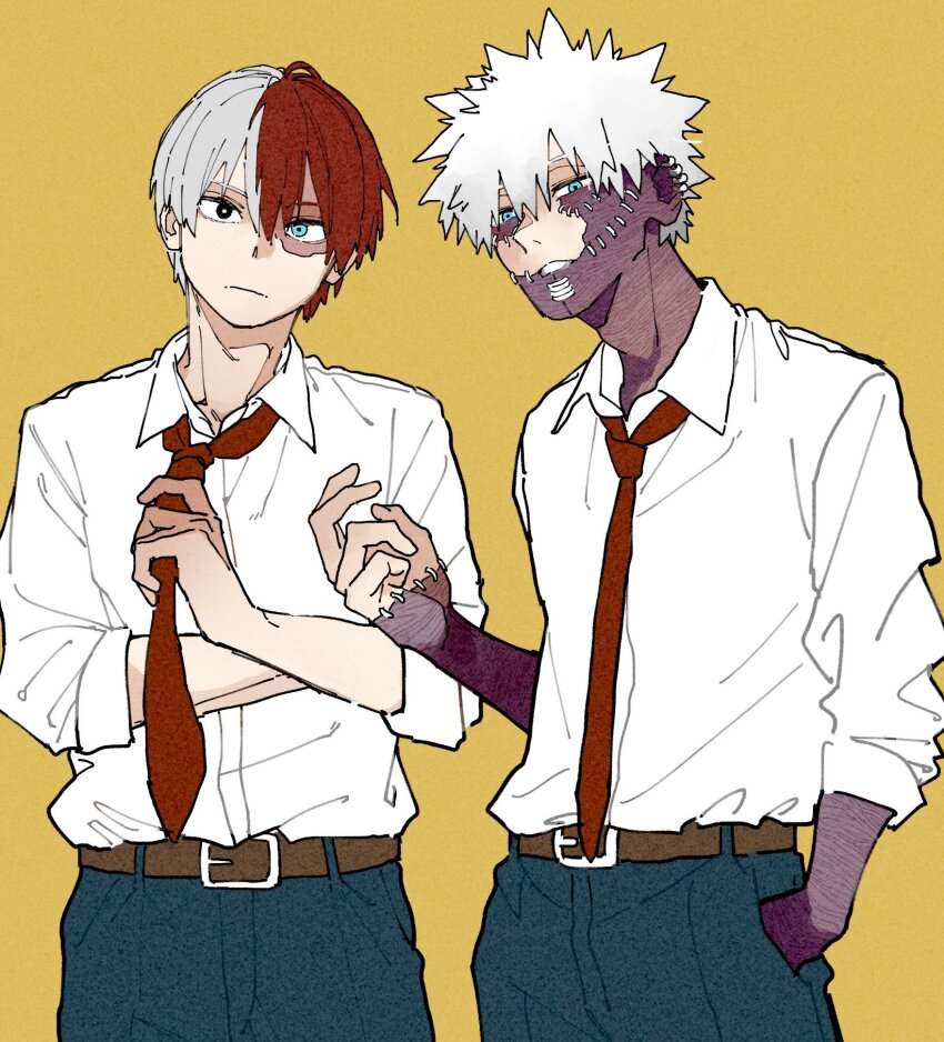 2boys arm_up belt belt_buckle blue_eyes blue_pants boku_no_hero_academia brothers brown_belt brown_eyes buckle burn_scar collared_shirt commentary_request crossed_arms dabi_(boku_no_hero_academia) film_grain frown hair_between_eyes hand_in_pocket heterochromia highres looking_at_viewer looking_to_the_side male_focus mkyn29 multicolored_hair multiple_boys necktie pants parted_lips red_hair red_necktie scar scar_across_eye scar_on_face shirt shirt_tucked_in siblings sideways_glance simple_background split-color_hair standing stitched stitched_face stitches teeth third-party_edit todoroki_shoto white_hair white_shirt wing_collar yellow_background