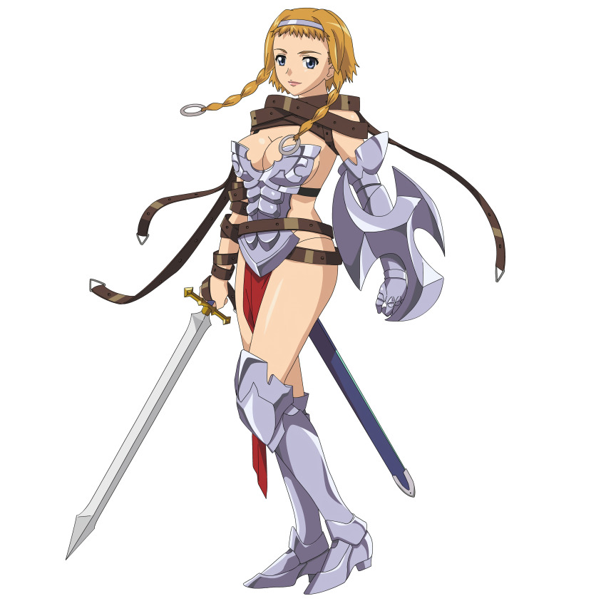 00s 1girl absurdres armor blonde_hair blue_eyes braid breastplate breasts buckle cleavage curvy full_body gauntlets hairband headband highres hisayuki_hirokazu holding holding_sword holding_weapon large_breasts leina_(queen&#039;s_blade) looking_at_viewer looking_to_the_side official_art queen&#039;s_blade revealing_clothes shiny_skin side_braid solo standing sword thong twin_braids weapon wide_hips
