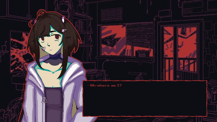 1girl air_conditioner apartment bandage_on_face bandages black_shirt blunt_bangs box brown_eyes brown_hair collarbone cup deadeyeacotto detached_collar dialogue_box english_text ghost_hair_ornament highres jacket loose_hair_strand love_angel_syndrome messy_room milk_inside_a_bag_of_milk_inside_a_bag_of_milk mole mole_under_eye open_clothes open_door open_jacket outline pill_hair_ornament radio railing red_outline shelf shirt short_hair short_twintails sidelocks solo spot_color twintails upper_body white_jacket window_shutter yuuna_(love_angel_syndrome)