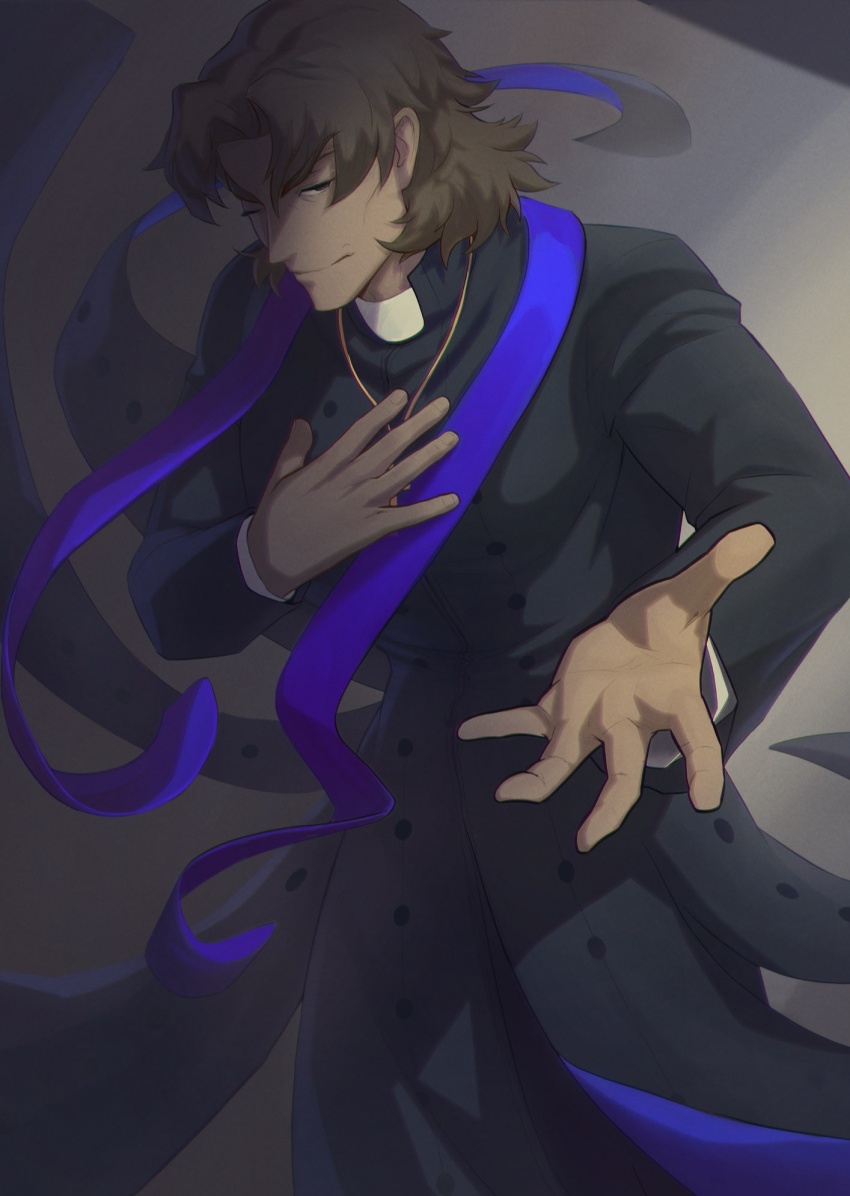 1boy beckoning black_robe blue_stole brown_eyes brown_hair carnival_phantasm cassock cheekbones cross cross_necklace fate/extra fate/grand_order fate/hollow_ataraxia fate/kaleid_liner_prisma_illya fate/stay_night fate/strange_fake fate/tiger_colosseum fate/zero fate_(series) frown grey_background hand_on_own_chest heaven&#039;s_feel highres jewelry kotomine_kirei male_focus medium_hair necklace one_eye_closed priest pur_purni rasputin_(fate) robe simple_background solo stole