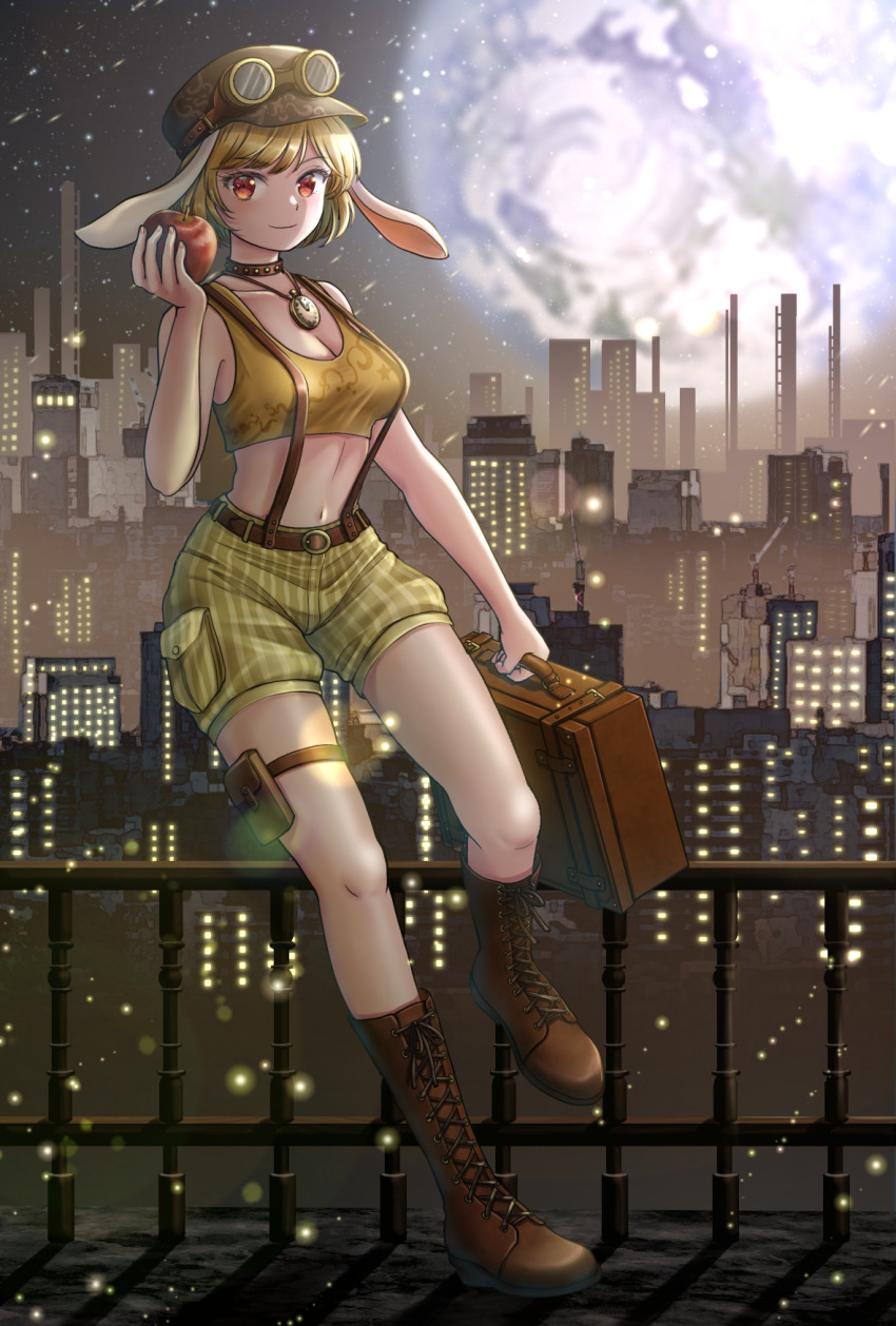 1girl animal_ears apple black_sky blonde_hair blush boots breasts briefcase brown_boots brown_hat building newsboy_cap city city_lights cleavage clock_necklace closed_mouth commentary_request earth_(planet) floppy_ears food fruit full_body goggles goggles_on_headwear hat highres holding holding_briefcase holding_food holding_fruit holster kyabekko lace-up_boots looking_at_viewer lunar_capital_(touhou) medium_breasts midriff name_connection navel object_namesake outdoors planet rabbit_ears rabbit_girl railing red_eyes ringo_(touhou) short_hair shorts sky skyscraper smile solo sports_bra star_(sky) starry_sky thigh_holster touhou yellow_shorts yellow_sports_bra