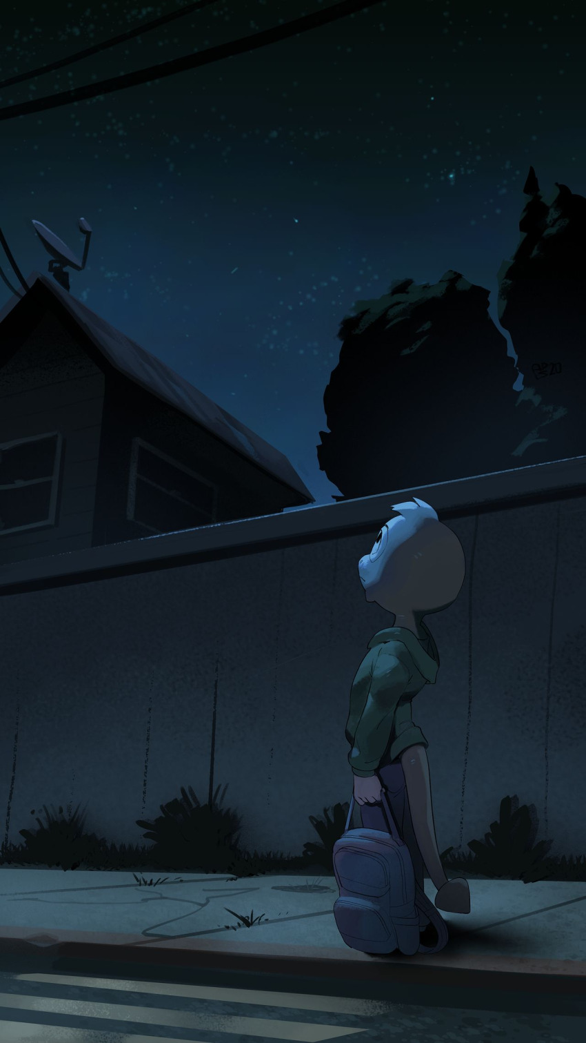 1boy apis backpack bag child dunsparce furry gen_2_pokemon highres hood hooded_jacket jacket male_focus monster_boy moonlight night nintendo pants pokemon pokemon_(creature) sidewalk solo tail