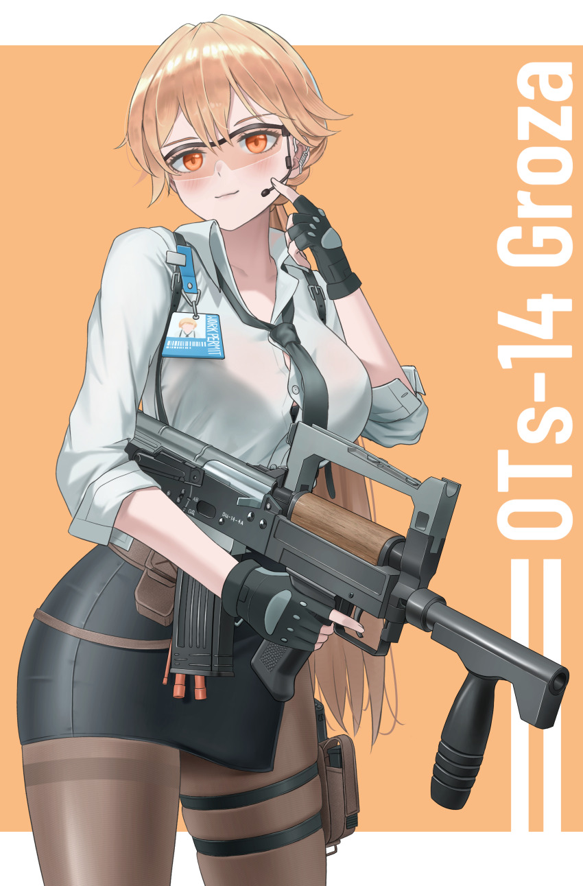 1girl absurdres akachi assault_rifle black_gloves black_necktie black_pantyhose black_skirt blonde_hair blush breasts bullpup character_name closed_mouth collared_shirt commentary_request fingerless_gloves girls&#039;_frontline girls&#039;_frontline:_fire_control glasses gloves gun highres holding holding_gun holding_weapon holster id_card large_breasts light_smile looking_at_viewer microphone necktie official_alternate_costume orange_background orange_eyes ots-14_(girls&#039;_frontline) ots-14_groza pantyhose pencil_skirt rifle shirt skirt solo thigh_holster trigger_discipline two-tone_background weapon weapon_name white_background white_shirt