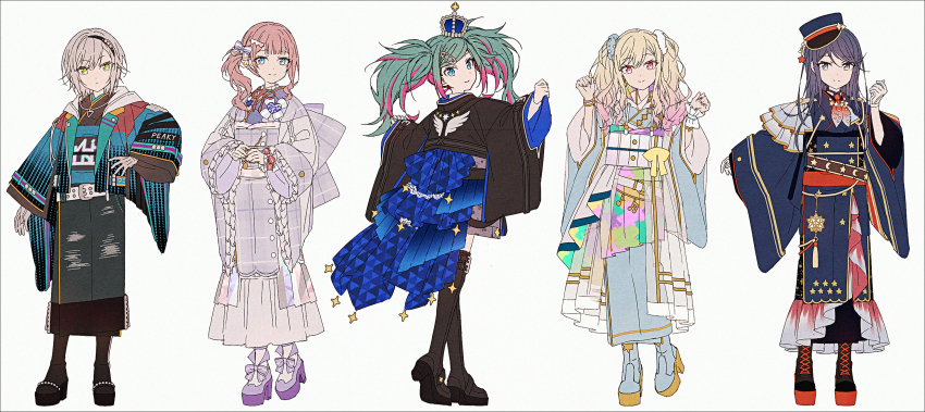 5girls adapted_costume ano_hi_sora_wa_tookatta_(project_sekai) bangle black_boots black_hair black_hairband black_hat black_kimono black_pantyhose blonde_hair blue_boots blue_eyes blue_jacket blue_kimono boots bow bracelet brown_hair closed_mouth crescent crown frilled_sleeves frills gloves gradient_hair green_eyes green_hair grey_background grey_eyes grey_gloves hair_bow hair_ornament hairband hakusai_(tiahszld) halftone hand_up hands_up hat hatsune_miku heart heart_hair_ornament high_heels highres hinomori_shiho hoshino_ichika_(project_sekai) jacket japanese_clothes jewelry kimono lace-up_boots leo/need_(project_sekai) leo/need_miku live_with_memories_(project_sekai) long_hair long_sleeves mini_crown mochizuki_honami multicolored_hair multiple_girls obi open_clothes open_jacket own_hands_together pantyhose peaked_cap pinching_sleeves pink_hair platform_boots platform_heels project_sekai purple_hair purple_kimono purple_shoes red_eyes revision safety_pin sash shoes short_kimono simple_background sleeves_past_wrists smile standing star_(symbol) streaked_hair swept_bangs tenma_saki thigh_boots tilted_headwear twintails unnamed_harmony_(project_sekai) vocaloid white_pantyhose wide_sleeves wrist_cuffs yureru_mama_demo_kimi_wa_mae_e_(project_sekai)