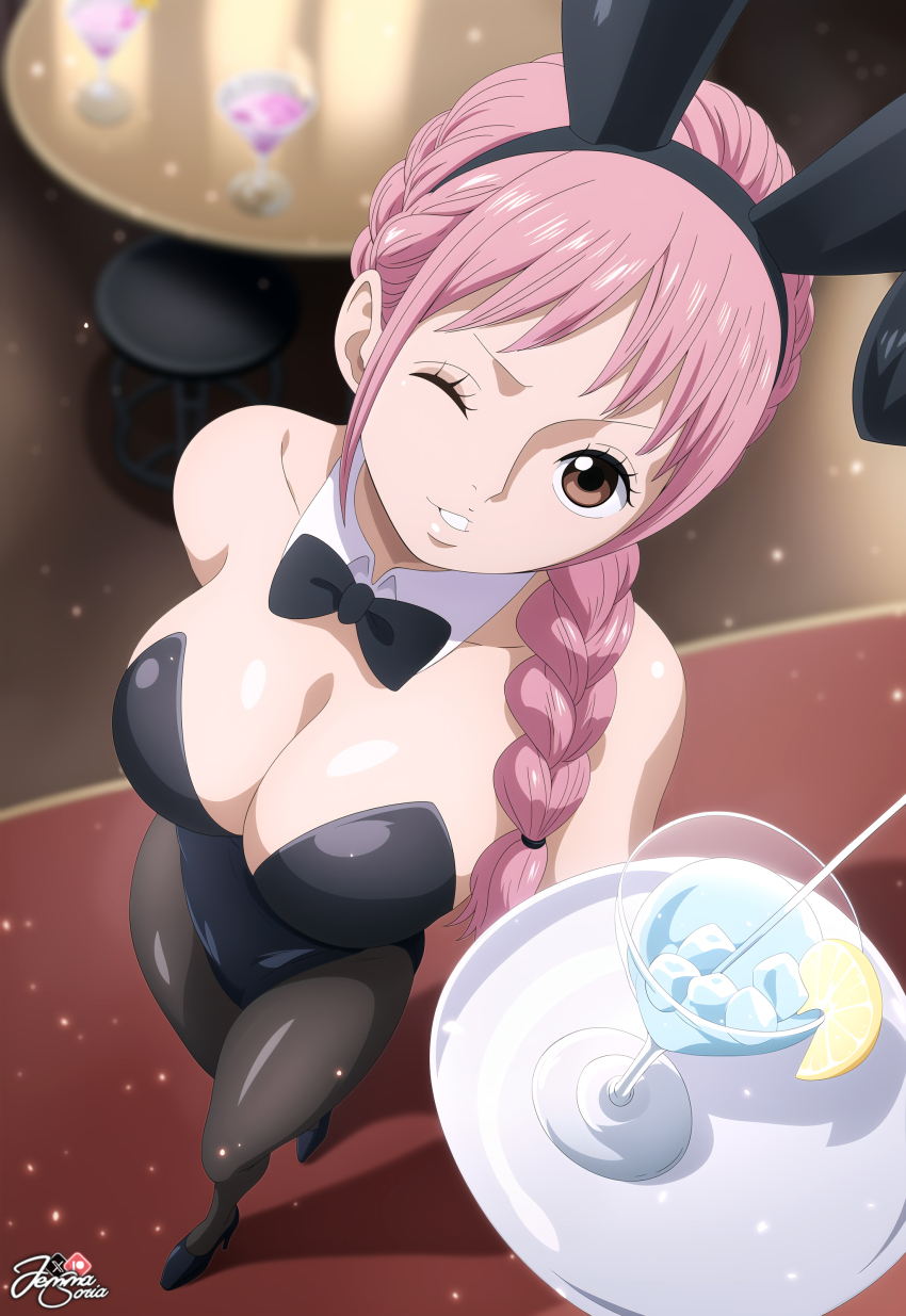 absurdres bow bowtie braid breasts brown_eyes cleavage cocktail_glass cup drinking_glass foreshortening from_above full_body high_heels highres indoors jemmasoria large_breasts leotard light_particles looking_at_viewer one_eye_closed one_piece pantyhose parted_lips perspective pink_hair plate playboy_bunny rebecca_(one_piece) single_braid stool table walking