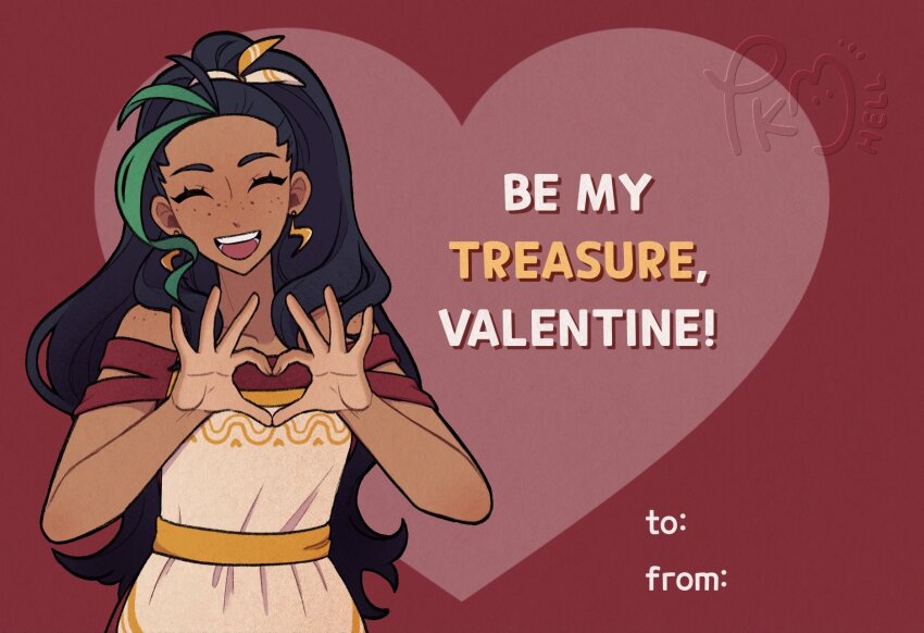 1girl :d black_hair closed_eyes collarbone commentary dress earrings english_text eyelashes facing_viewer freckles green_hair hands_up happy heart heart_hands highres jewelry multicolored_hair nemona_(pokemon) nintendo off-shoulder_dress off_shoulder open_mouth pokemon pokemon_sv signature smile solo submashell teeth tongue two-tone_hair valentine valentine_card