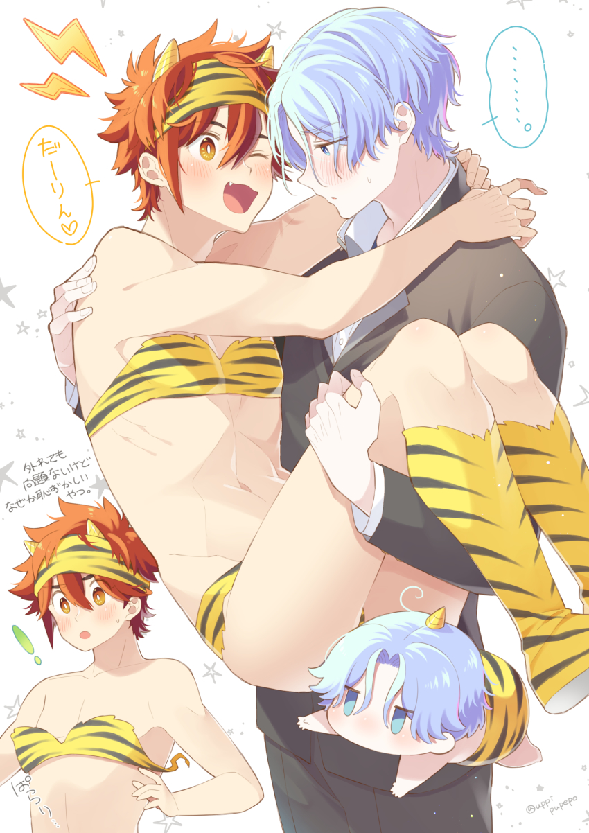 2boys ;d animal_print ass bikini blue_eyes blue_hair blush boots carrying cosplay fang gakuran hasegawa_langa headband highres horns kyan_reki lum lum_(cosplay) male_focus moroboshi_ataru moroboshi_ataru_(cosplay) multiple_boys one_eye_closed open_mouth partially_translated princess_carry red_hair school_uniform sk8_the_infinity smile swimsuit ten_(urusei_yatsura) ten_(urusei_yatsura)_(cosplay) tiger_print translation_request uppi urusei_yatsura yaoi yellow_eyes