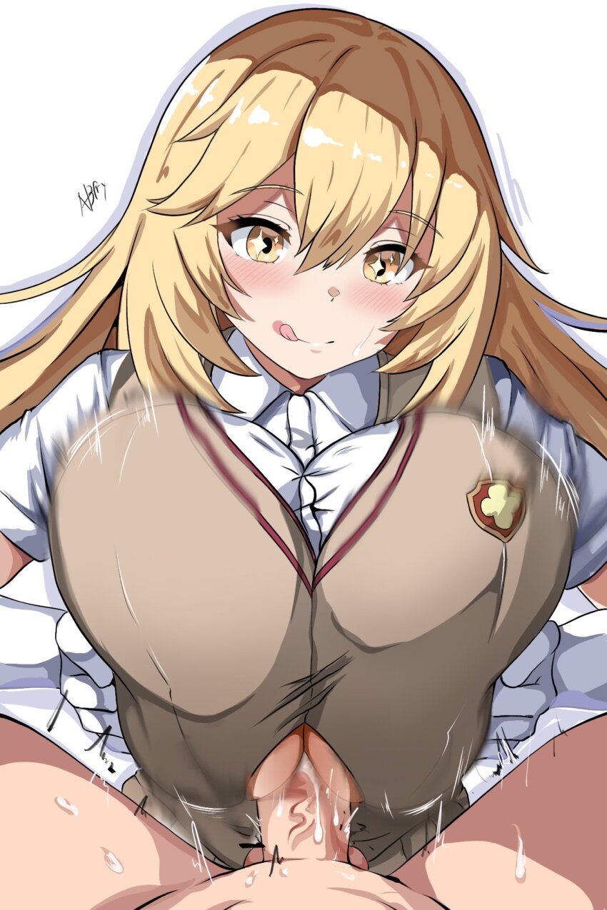 1boy 1girl :q abfry alternate_breast_size blonde_hair breasts breasts_squeezed_together brown_sweater_vest clothing_cutout collared_shirt commentary cum elbow_gloves gloves hair_between_eyes hetero highres huge_breasts long_hair paizuri paizuri_under_clothes penis school_emblem school_uniform shirt shokuhou_misaki short_sleeves signature sparkling_eyes summer_uniform sweater_vest toaru_kagaku_no_mental_out toaru_kagaku_no_railgun toaru_majutsu_no_index tokiwadai_school_uniform tongue tongue_out uncensored v-neck white_background white_gloves white_shirt yellow_eyes