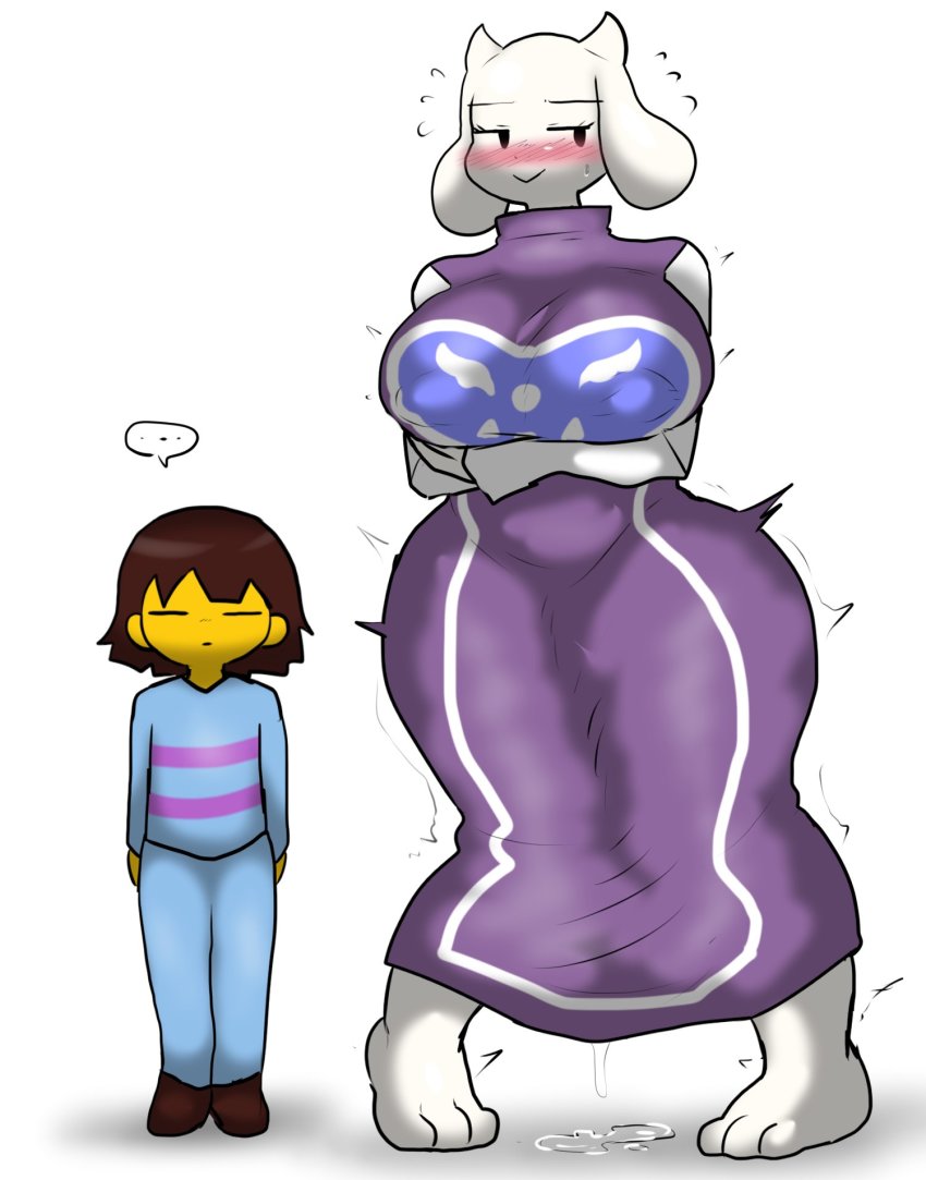 1boy 1girl breasts clothes colored_skin covered_erect_nipples enigi09 frisk_(undertale) highres large_breasts looking_at_viewer pussy_juice simple_background size_difference toriel undertale white_background yellow_skin