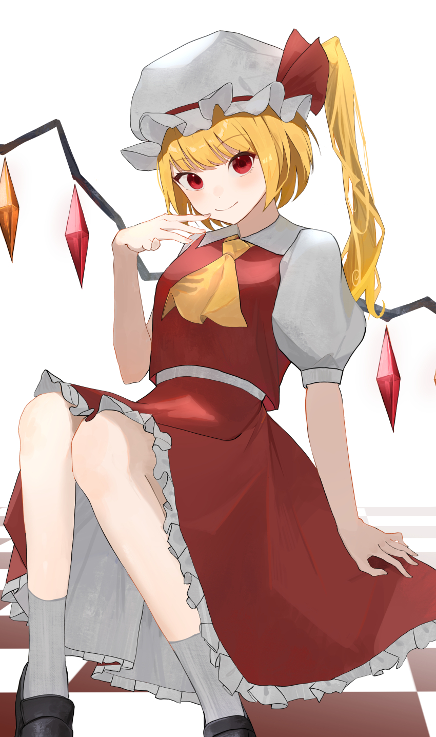 1girl absurdres arm_support ascot bad_anatomy bad_hands blonde_hair closed_mouth feet_out_of_frame flandre_scarlet hand_up hat highres knees_together_feet_apart mob_cap palulap puffy_short_sleeves puffy_sleeves red_eyes red_vest ribbon shoes short_hair_with_long_locks short_sleeves simple_background sitting skirt smile socks solo touhou vest white_background white_hat wings