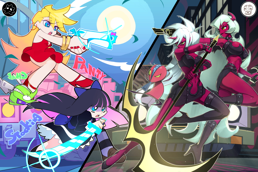 4girls 95hoody absurdres aiming artist_collaboration battle black_dress black_shoes black_skirt black_thighhighs blonde_hair blue_bow blue_eyes blue_hair boots bow breasts brown_shoes building car chuck_(psg) city cleavage clothing_cutout cloud colored_inner_hair colored_skin commentary demon_horns dog dress earrings english_commentary fastener_(psg) green_hair gun hair_bow high_heel_boots high_heels highres holding holding_gun holding_scythe holding_weapon hoop_earrings horns jewelry kneesocks_(psg) large_breasts long_hair looking_at_another moon motor_vehicle multicolored_hair multiple_girls night open_mouth panty_&amp;_stocking_with_garterbelt panty_(psg) pink_hair red_dress red_shoes red_skin sadstar115 scanty_(psg) scythe see-through_(psg) shoes single_thighhigh skirt sky split_screen stocking_(psg) stomach_cutout striped_clothes striped_thighhighs sword thighhighs weapon