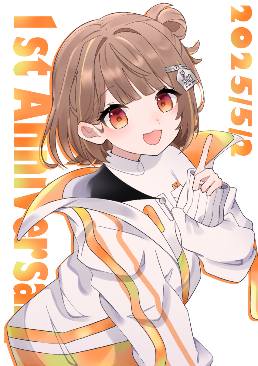 1girl blush brown_hair dated hair_ornament hanase highres jacket looking_at_viewer multicolored_hair open_mouth orange_eyes sendo_yuuhi shirt solo streaked_hair virtual_youtuber vspo! vspo!_showdown white_background