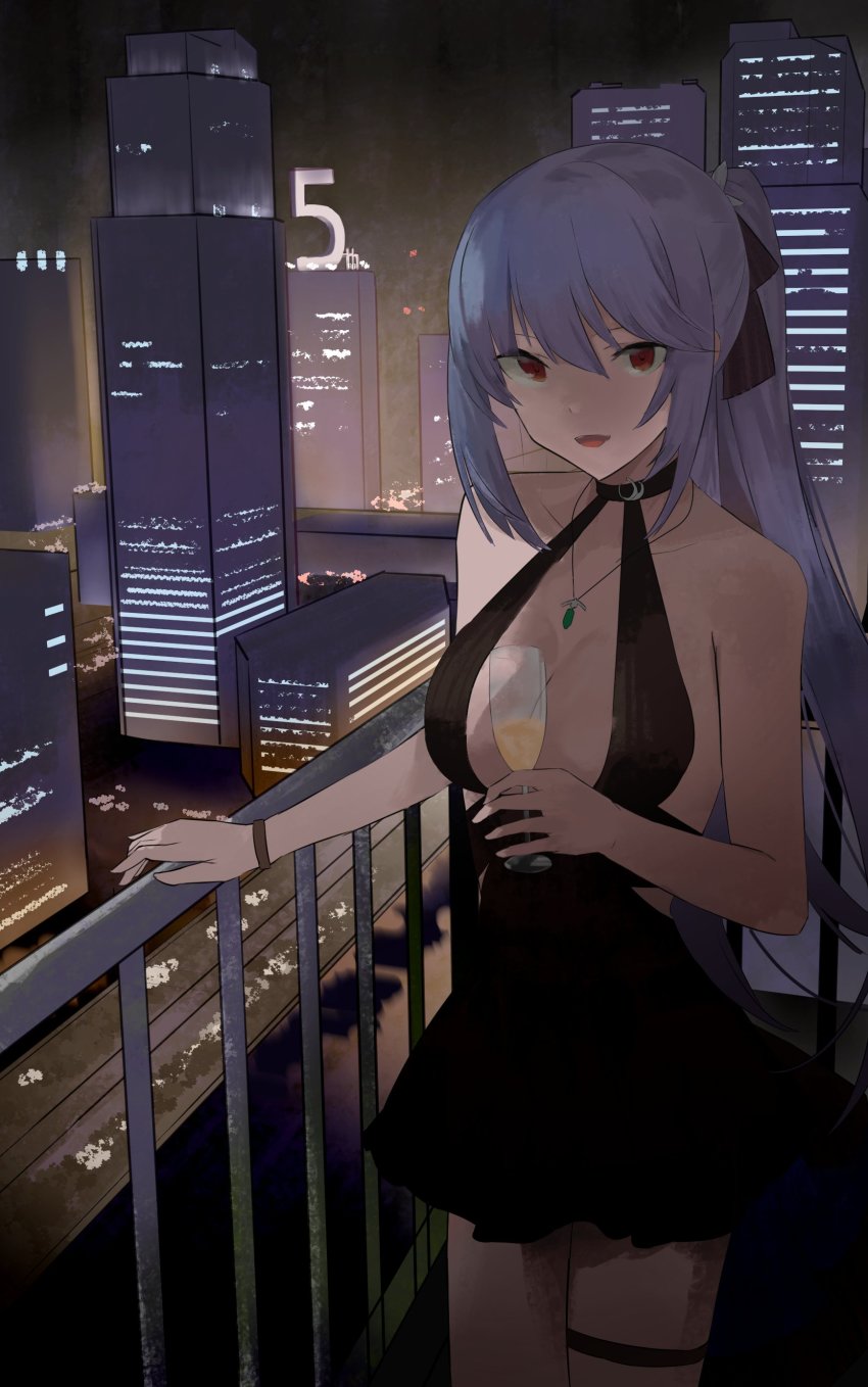 1girl absurdres armband azur_lane bii_bii_(bronzeii002) black_dress breasts city_lights cleavage cowboy_shot cup dress drinking_glass essex_(azur_lane) essex_(craft_fairytail)_(azur_lane) evening_gown hand_on_railing highres holding holding_cup jewelry long_hair medium_breasts necklace night night_sky ponytail purple_hair railing red_eyes sky skyline solo standing wine_glass
