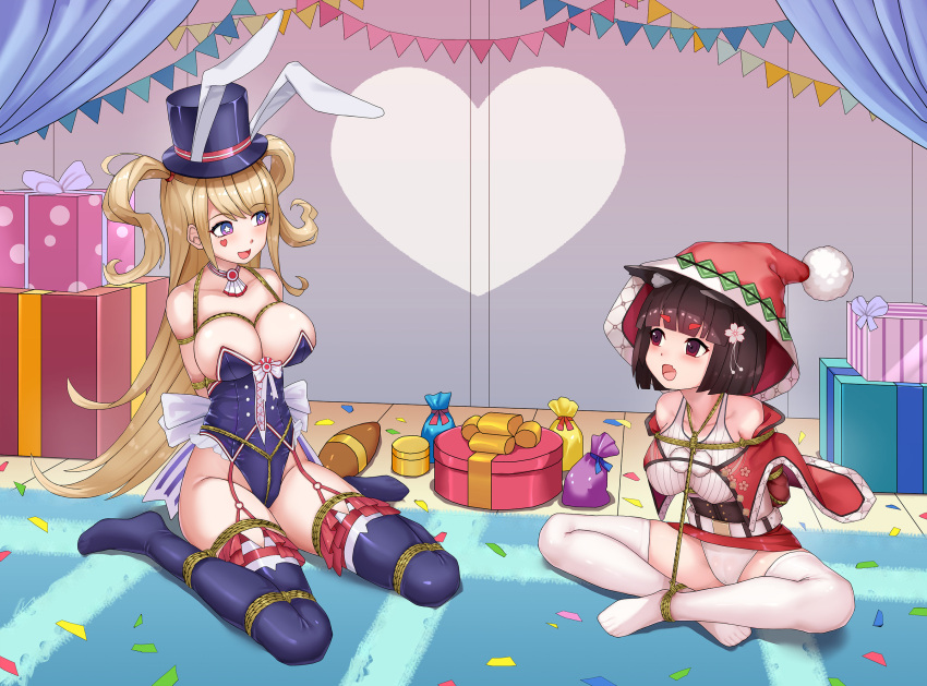 +_+ 2girls :d animal_ear_headwear animal_ears arms_behind_back azur_lane bare_shoulders blonde_hair blue_leotard blush bound bound_arms breasts brown_hair cat_ears cat_girl christmas cleavage coat commentary_request cropped_jacket ears_down fake_animal_ears full_body gift groin guam_(azur_lane) guam_(stage-setting_charmer)_(azur_lane) haimei1980 happy heart_sticker highres hood hood_up hooded_coat indoors large_breasts leotard long_hair looking_at_another medium_breasts medium_hair miniskirt multiple_girls off_shoulder on_floor open_mouth pom_pom_(clothes) purple_eyes red_coat red_eyes red_skirt shibari sitting skirt smile sticker_on_face strapless strapless_leotard thighs very_long_hair white_leotard yamashiro_(azur_lane) yamashiro_(holiday_offensive)_(azur_lane)