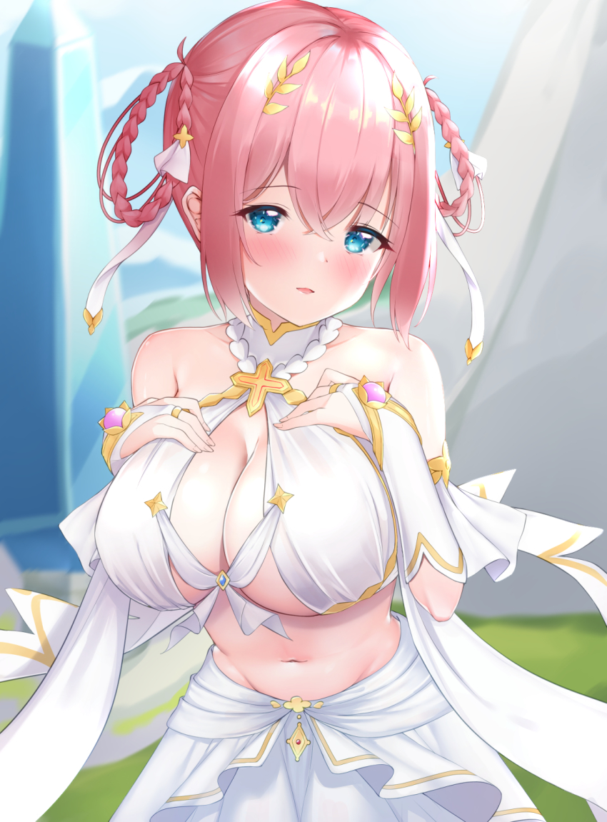 1girl aqua_eyes bare_shoulders benedia blurry blurry_background blush braid braided_hair_rings breasts cleavage commentary_request criss-cross_halter day detached_sleeves gem hair_ornament hair_ribbon hair_rings halterneck hands_on_own_chest highres large_breasts looking_at_viewer navel outdoors parted_lips princess_connect! red_hair ribbon skirt solo standing twin_braids white_skirt yui_(ceremonial)_(princess_connect!) yui_(princess_connect!)