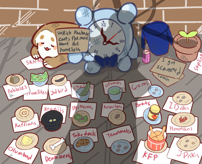 berry blue_bow blue_bowtie bone bow bowtie brick_wall can chicken_(food) chocolate_chip_cookie commentary cookie cucumber drink_can english_commentary english_text food hat highres hololive hololive_english homeless kronie_(ouro_kronii) looking_at_viewer mascot ouro_kronii plant potted_plant rlus rock sanallite_(tsukumo_sana) silhouette sitting soda_can tea top_hat virtual_youtuber