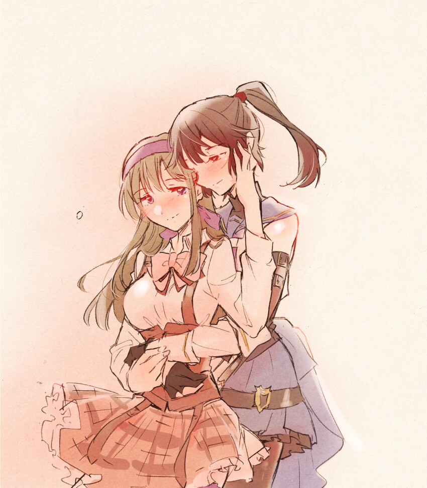 2girls arm_belt assault_lily belt black_belt black_gloves black_hair black_pantyhose blue_sailor_collar blue_skirt blush bow bowtie breasts brown_background brown_hair brown_skirt closed_mouth collared_shirt commentary_request corset cowboy_shot detached_sleeves frilled_skirt frills gloves gradient_background hair_ribbon hairband half-closed_eyes half_gloves hand_on_another&#039;s_cheek hand_on_another&#039;s_face hand_up heads_together highres holding_hands hug hug_from_behind kishimoto_maria_mirai layered_sleeves long_hair long_sleeves looking_ahead looking_at_another ludvico_private_girls&#039;_academy_school_uniform medium_breasts medium_hair miniskirt multiple_girls nagasawa_yuki_(assault_lily) neckerchief odaiba_girls_high_school_uniform pantyhose partially_fingerless_gloves pink_background pink_bow pink_bowtie plaid_clothes plaid_skirt pleated_skirt purple_eyes purple_hairband purple_neckerchief purple_ribbon red_eyes ribbon sailor_collar santouka school_uniform serafuku shirt skirt sleeveless sleeveless_shirt smile standing suspenders underbust white_shirt yuri